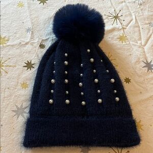 NWOT Navy Blue Pom-Pom Beanie with Pearls
